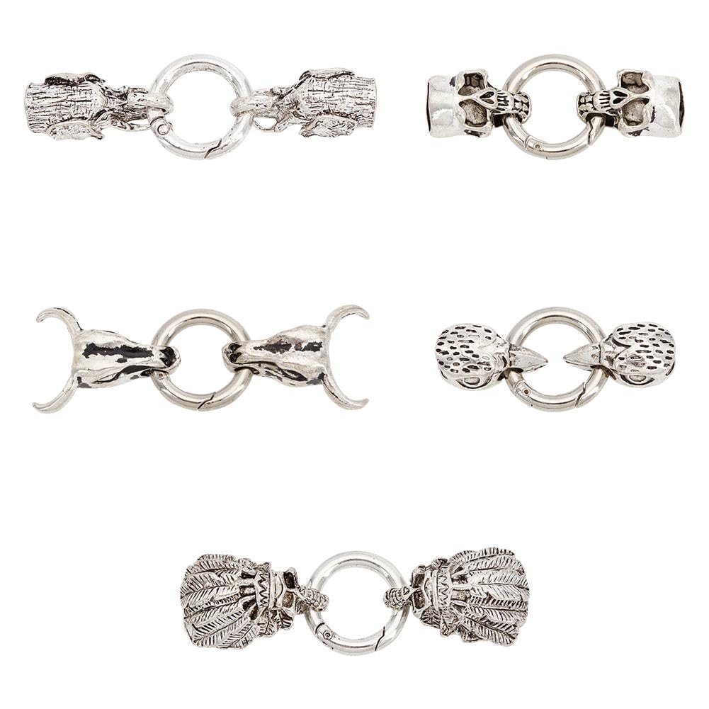UNICRAFTALE About 5 Sets 5 Styles Tibetan Style Alloy Cord Ends Antique Silver Spring Gate Rings Animal Head O Rings Leather Cord Buckle Column End Clasps for Jewelry Making