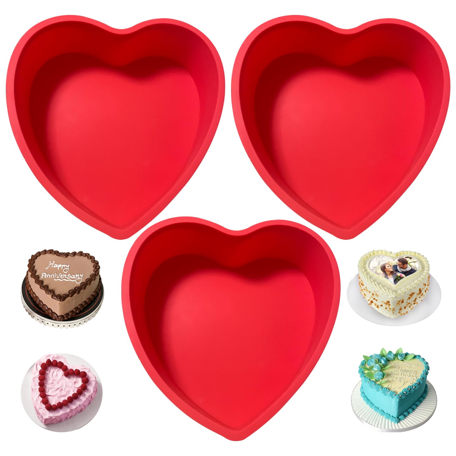 Heart Shaped Cake Tin, 3pcs 8 Inch Silicone Love Moulds, Cake Baking Pan Non-Stick Quick Release Suitable Baking Tray for Muffins Puddings Bread