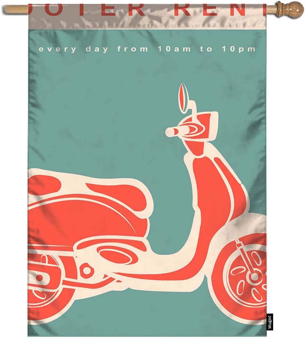 Mugod Ads Garden Flag Retro Red Motorcycle Scooter Rental Ads Decorative Spring Summer Outdoor House Flag for Garden Yard Lawn 28 x 40 Inch