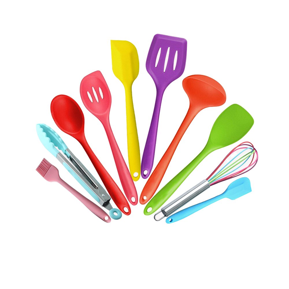 rayinblue 10 Piece Silicone Kitchen Utensils Set, Heat Resistant Multicolor Kitchen Cooking Set Including Brush, Tongs, Spoon, Slotted Spoon, Large Spatula, Slotted Turner, ladle, Baking Spoonula