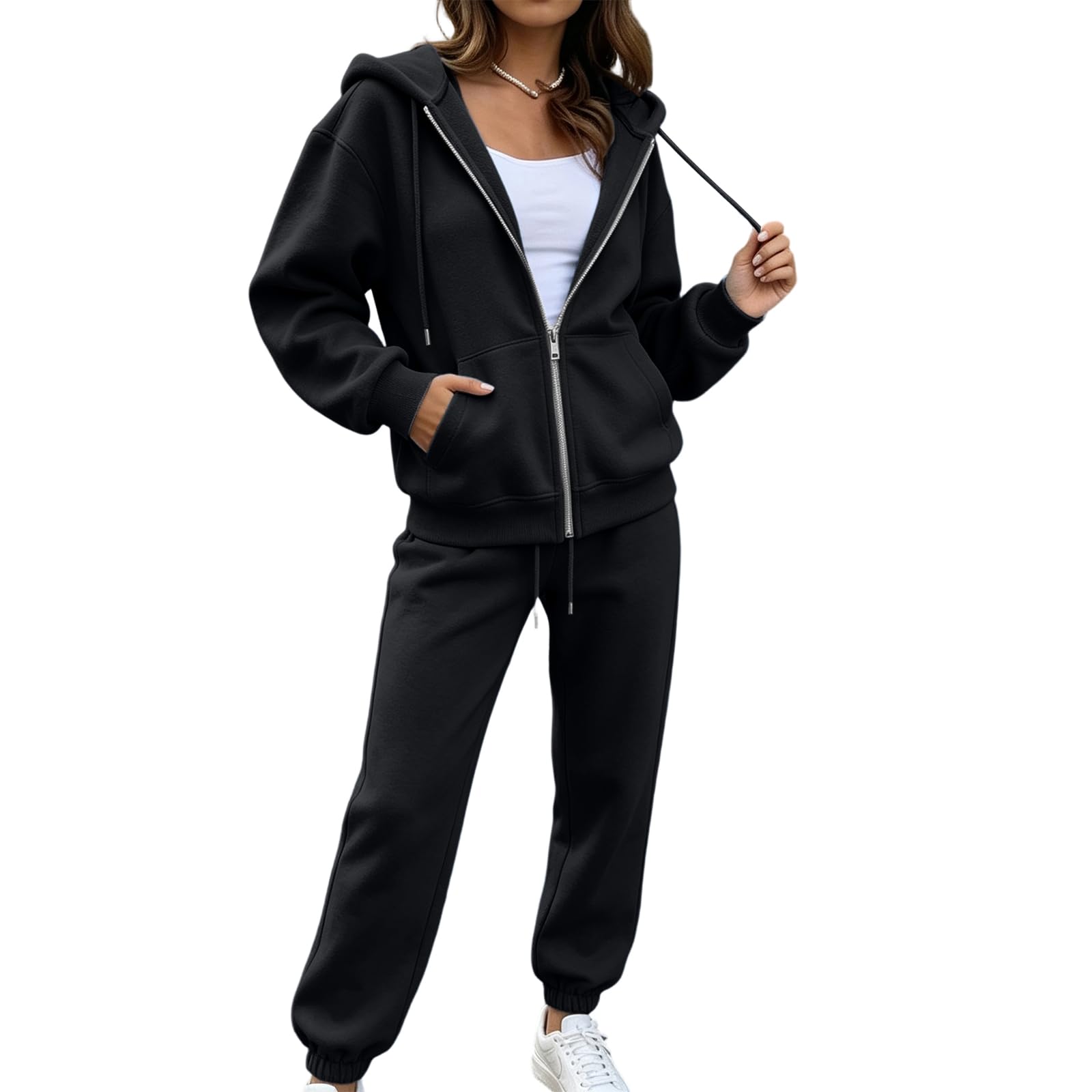 Women's 2 Piece Matching Lounge Set 2026 Trendy Solid Gym Sweatsuits | Zip Up Sweatshirt, Long Sleeve Pullover Tops, Elastic