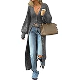 ebossy Women's V Neck Long Cardigan Lantern Sleeve Button Down Rib Knit Maxi Sweater Coat 2025 Trendy Winter Dresses