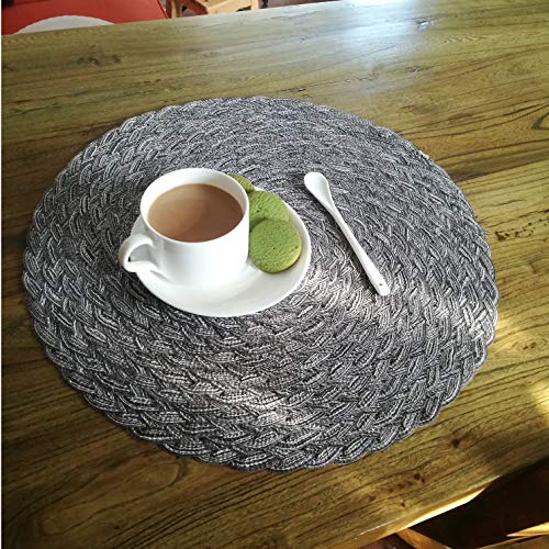 Topotdor Round Placemats Heat-Resistant Stain Resistant Anti-Skid Washable Polyproplene Table Mats Placemats (Braided-Gray, Set of 4)