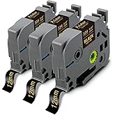 Pristar P Touch Label Tape Gold on Black TZe-334 Compatible for Brother Label Maker Tape Black 12mm 0.47 Laminated TZ Tape Gold Work with PT-D220 PT-H110 PT-D210 PT-D400 PT-P710BT PT-D200, 3-Pack