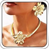 ACEDRE Gold Flower Necklace and Earrings Set Floral Prom 2pcs Jewelry Sets for Women