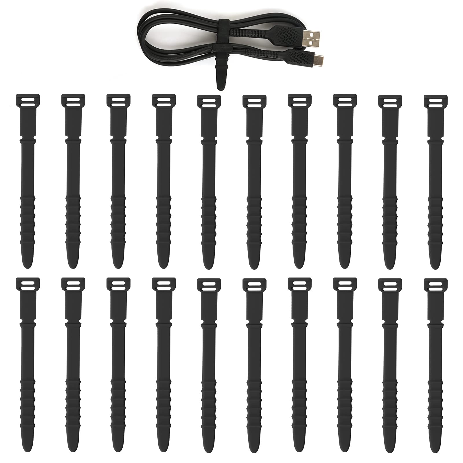 KINBOM 20 Pcs Silicone Cable Ties, Reusable Zip Ties Elastic Silicone Cord Keeper Tie Wraps Zip Tie Cable Management for Wire Sealing Bags Headphone Home Office Supplies (Black)