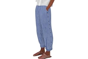 GENERIC Summer Linen Pants for Women,Casual Elastic Waist Stripe Print Side Button Trendy Pants Baggy Comfy Trousers