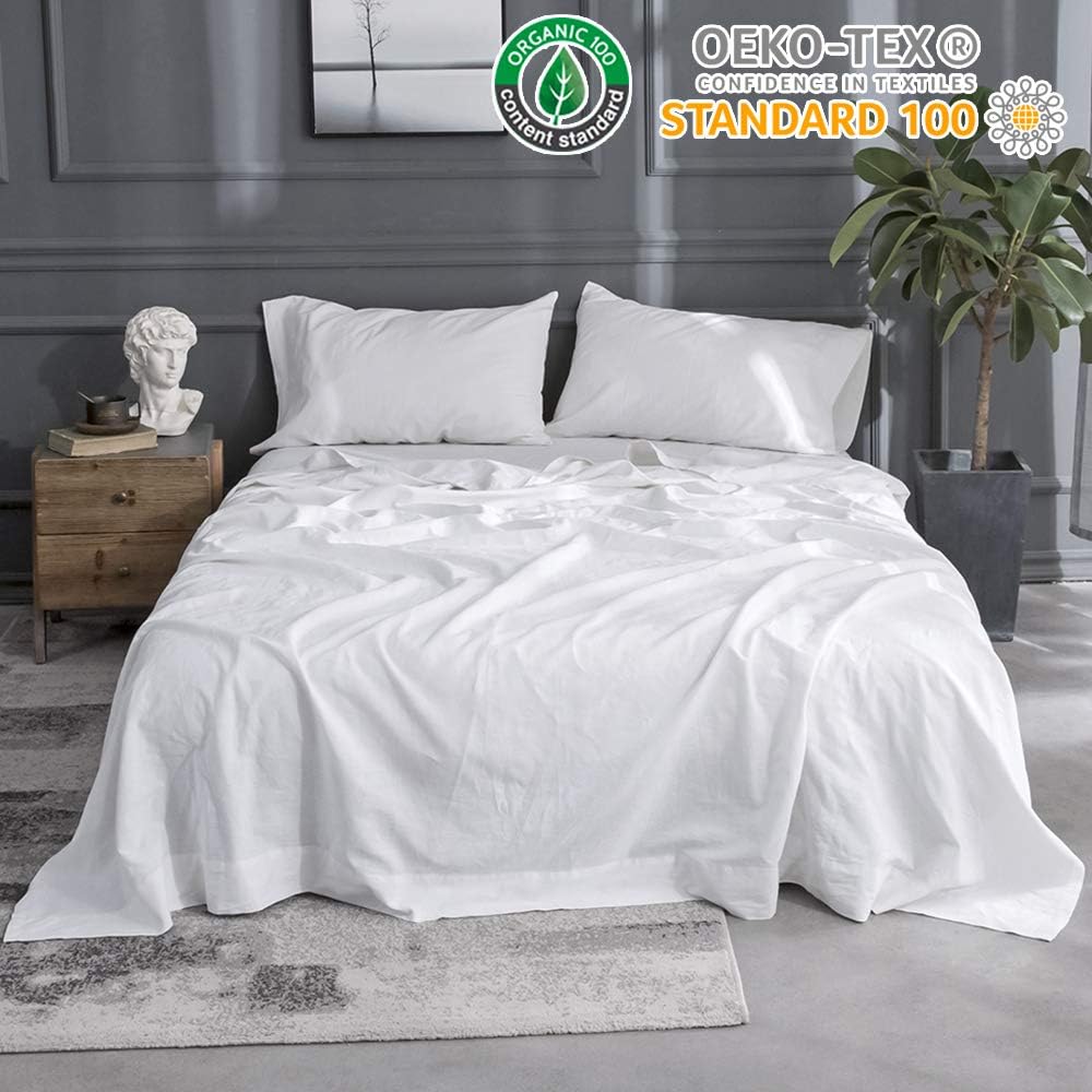 Simple&Opulence Belgian Linen Sheet Set 4PCS Stone Washed Solid Color(King,White)