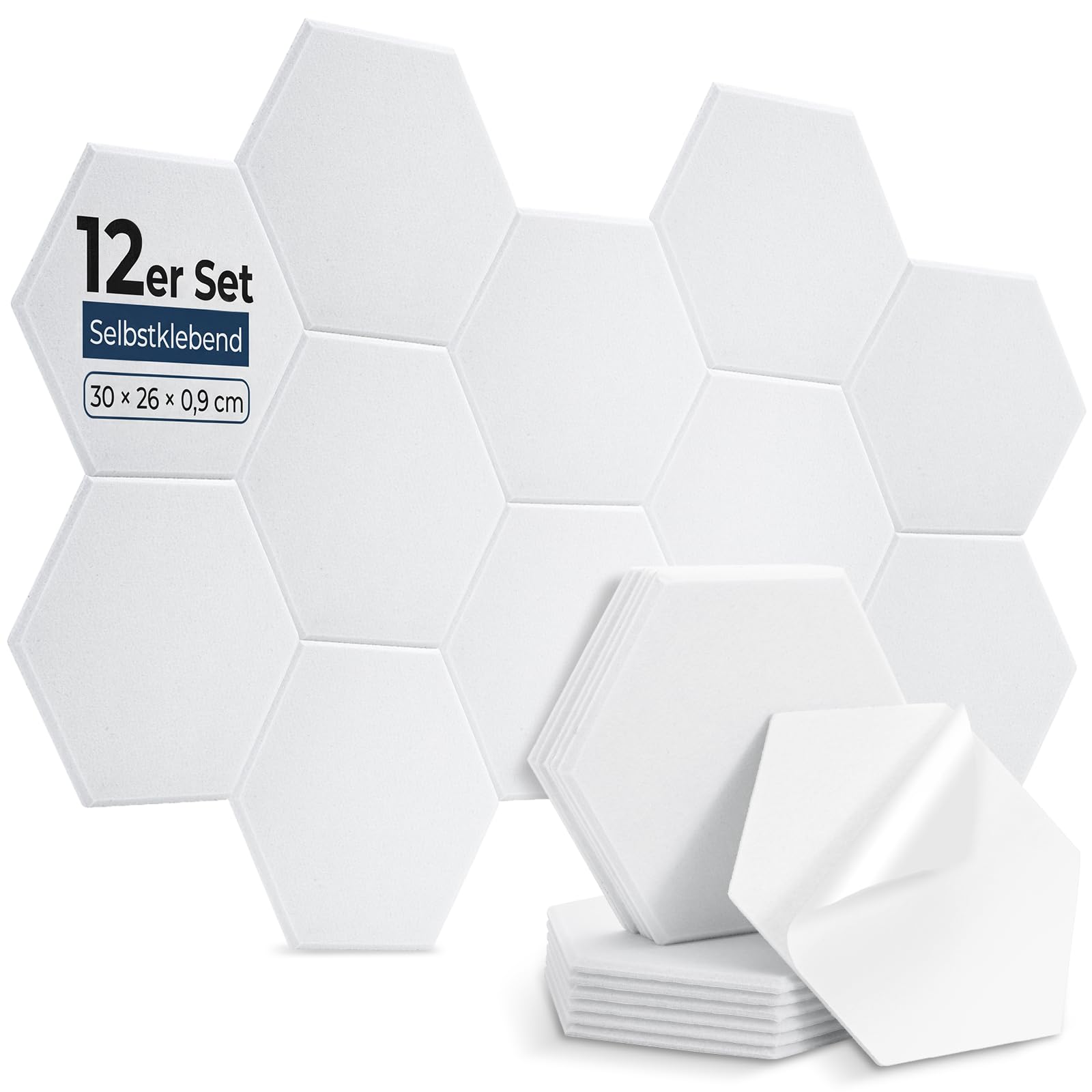 AUSLET 12 Stück Hexagon Akustikplatten Selbstklebend, 30 x 26 x 0,9 cm Hohe Dichte Akustikpaneele, Schallschutzplatten für Studio, Büro, Akustische Behandlung und Gaming deko, Weiß