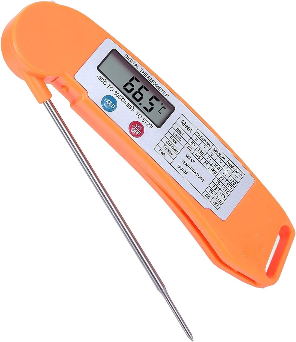 Instant Read Food Meat Thermometer, BaseWish Digital Electronic Cooking Thermometer with LCD Screen, Long Collapsible Safe 304 Stainless Steel Probe, for BBQ Grill Oven Candy Liquids Milk Tea, Orange