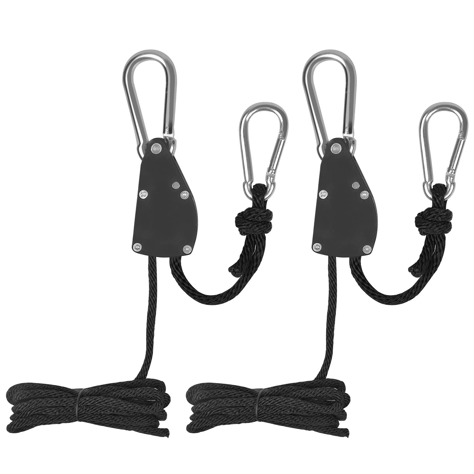 1 Pair 1/4" Hanger Pulley Rope Adjustable Rope Clip Hanger Heavy Duty Rope Ratchet Hanger with Carabiner Clip Grow Light Plant Lamp Metal Pulley Rope Lifting Equipment, 300 LB Capacity per Pair Black