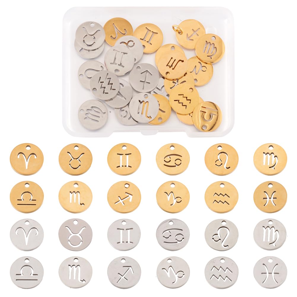 Cheriswelry 24pcs 304 Stainless Steel 12 Constellations Zodiac Sign Pendants for Jewellery Crafts Making