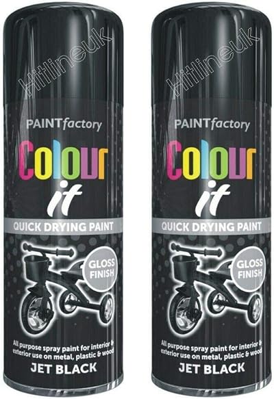 HitlineUK 2x400ml Black Gloss Spray Paint Quick Dry Multi Surface Metal Wood