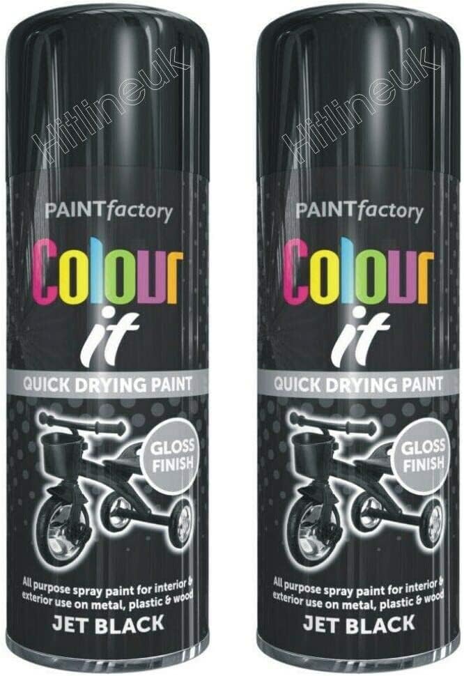 HitlineUK 2x400ml Black Gloss Spray Paint Quick Dry Multi Surface Metal Wood