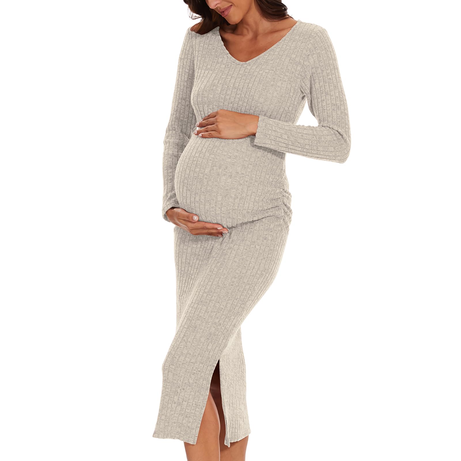 Photo 1 of LAHILO Long Sleeve Maternity Sweater Dress for Fall Winter Baby Shower & Photoshoot - Women's Pregnancy Maternity Dresses