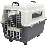 SportPet Airline Compliant LARGE 31.5" Travel Dog Kennel-Durable Plastic Airline Pet Carrier w/ Removable Wheels &amp; Food Bowls, Collapsible Indoor/Outdoor Dog Kennel, Dogs up to 28"L &amp; 20"H-Cream/Gray