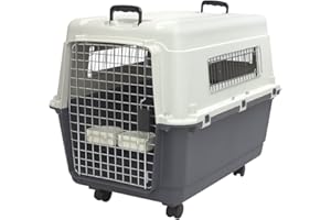 SPORT PET SportPet Designs Plastic Kennels Rolling Plastic Wire Door Travel Dog Crate- Large Kennel, Gray