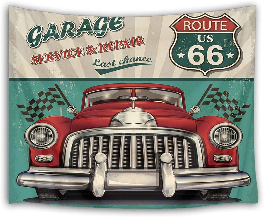 HVEST Retro Car Tapestry Garage on Route 66 Roadside Vintage Wall Hanging Vintage Tapestries for Bedroom Living Room Dorm Decor,80Wx60H inches