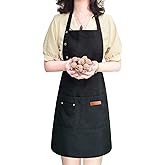 LOYGLIF Apron for Men Women with Adjustable Straps and Large Pockets, Canvas Cotton Cooking Kitchen Chef Bib Aprons Waterproof Black