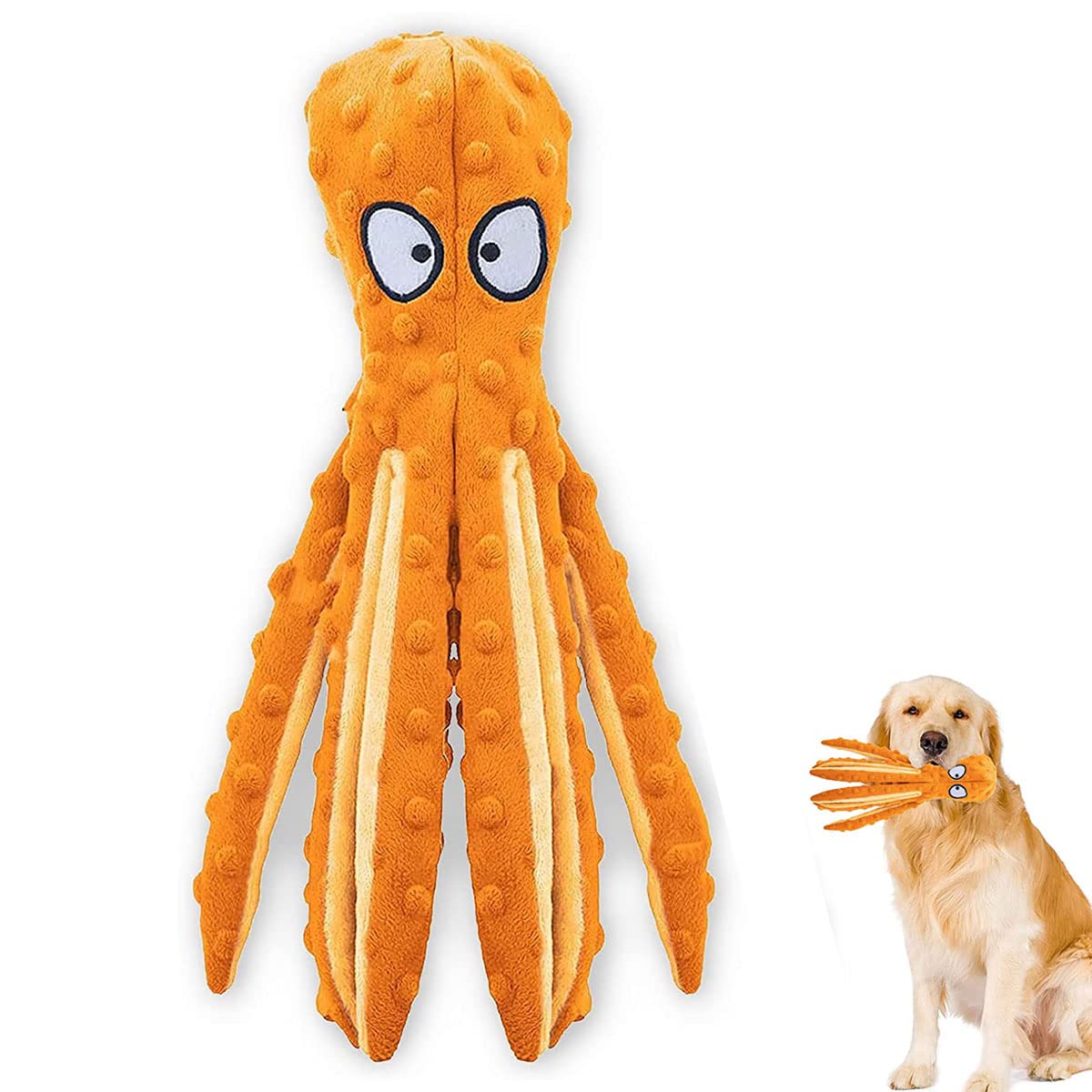 SHOKAN No-Stuffing Orange Octopus Dog Toy with Crinkle Paper - Interactive Plush for Small Medium Dogs, Teeth Cleaning and Boredom Relief