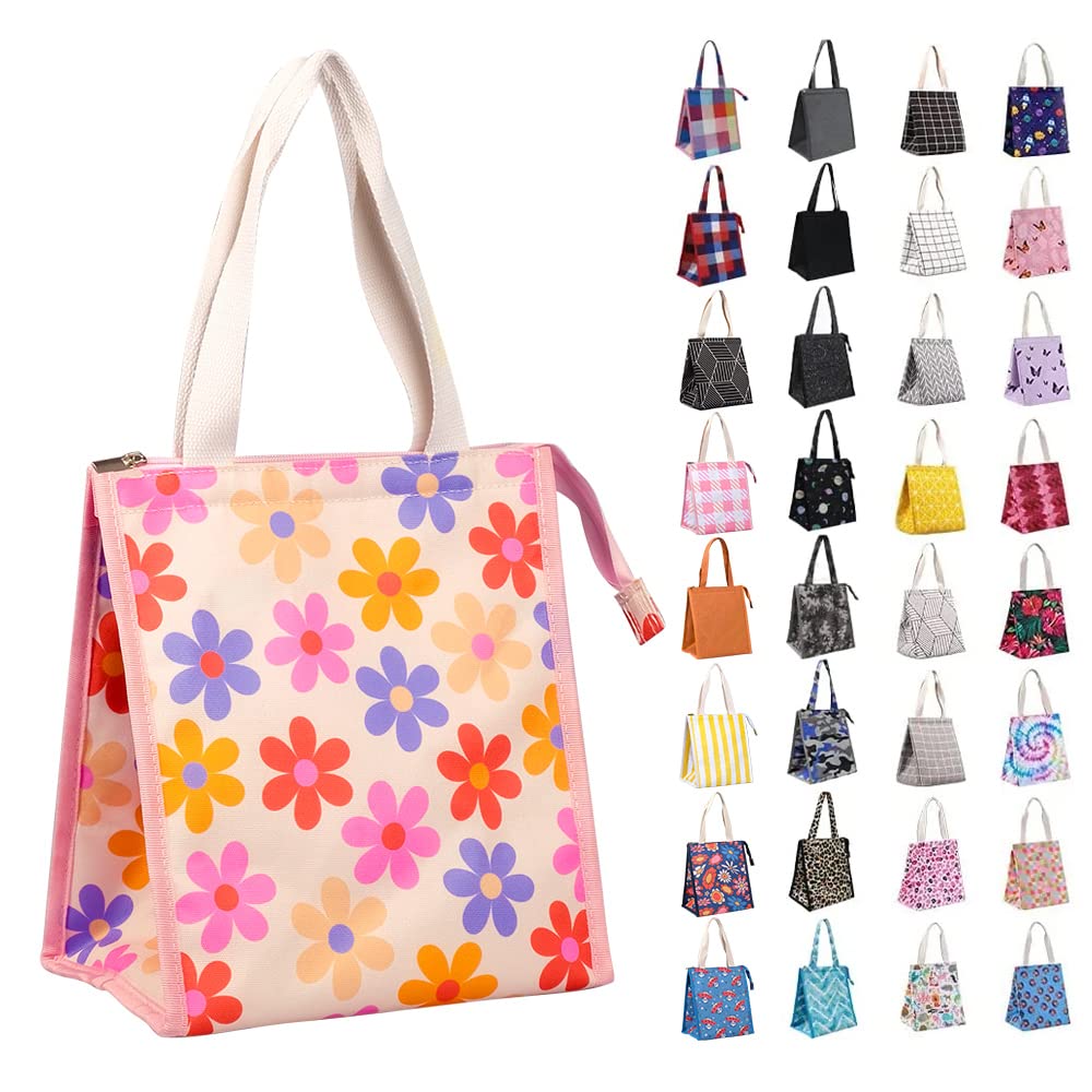 iknoe Insulated Lunch Bag for Women, 9L Sturdy Wide-Open Foldable & Portable Lunch Tote with Interior Pockets, Water-Resistant Thermal Lunch Cooler for Adults Picnic Beach Pink Flower LL