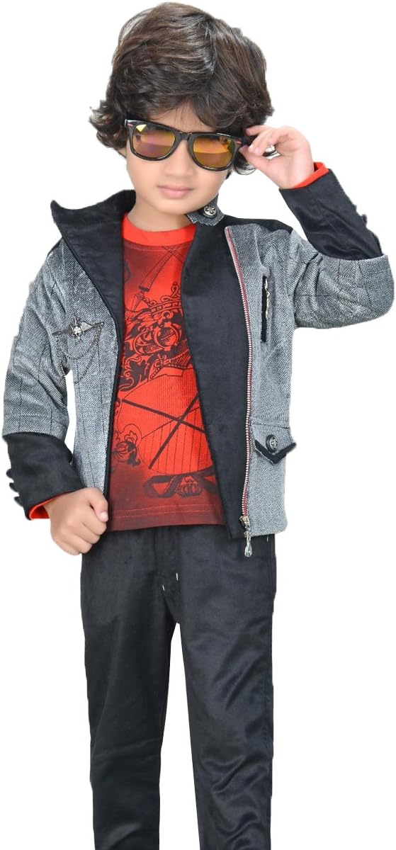 Dotson Kids Clothing Set for Boys - Jacket (Grey), Red Cotton Shirt & BlackTrouser