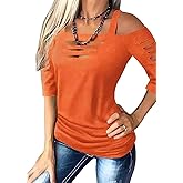 Cut Out Cold Shoulder Square Collar Shirt Women Lacerated 3/4 Sleeve Blouse Cut Out Sexy Hollow Out Casual Tee Tops