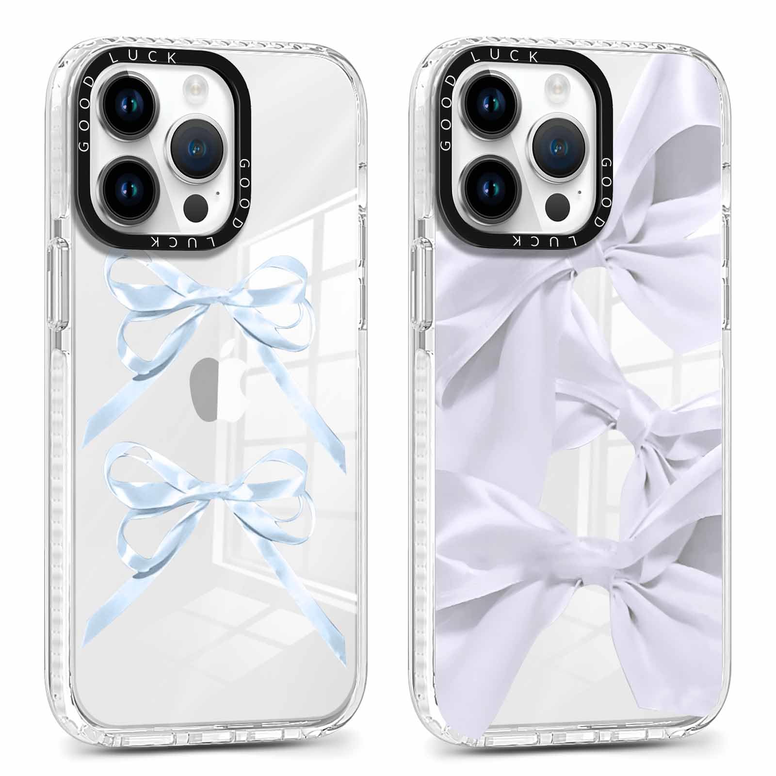 RUMDEY 2 Pack Clear Bow Phone Case for iPhone 14 Pro Max 6.7 inch, Cute Aesthetic Pattern Design Protective Soft Slim Shockproof TPU Bumper Cover for Girls Woman-Blue Bow