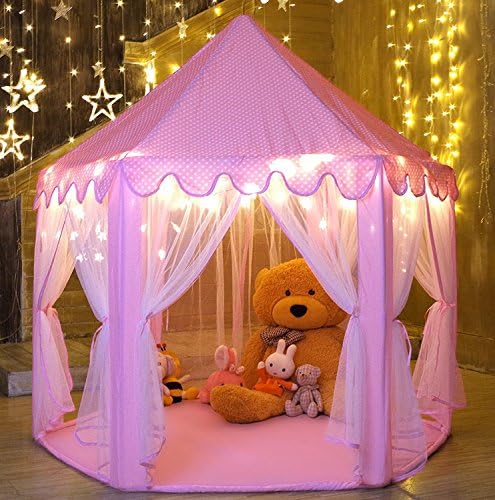 WilWolfer Girls Play Tent Hexagon Princess Castle House Palace Tents Kids Playhouse with Star light for Indoor and Outdoor (Pink)