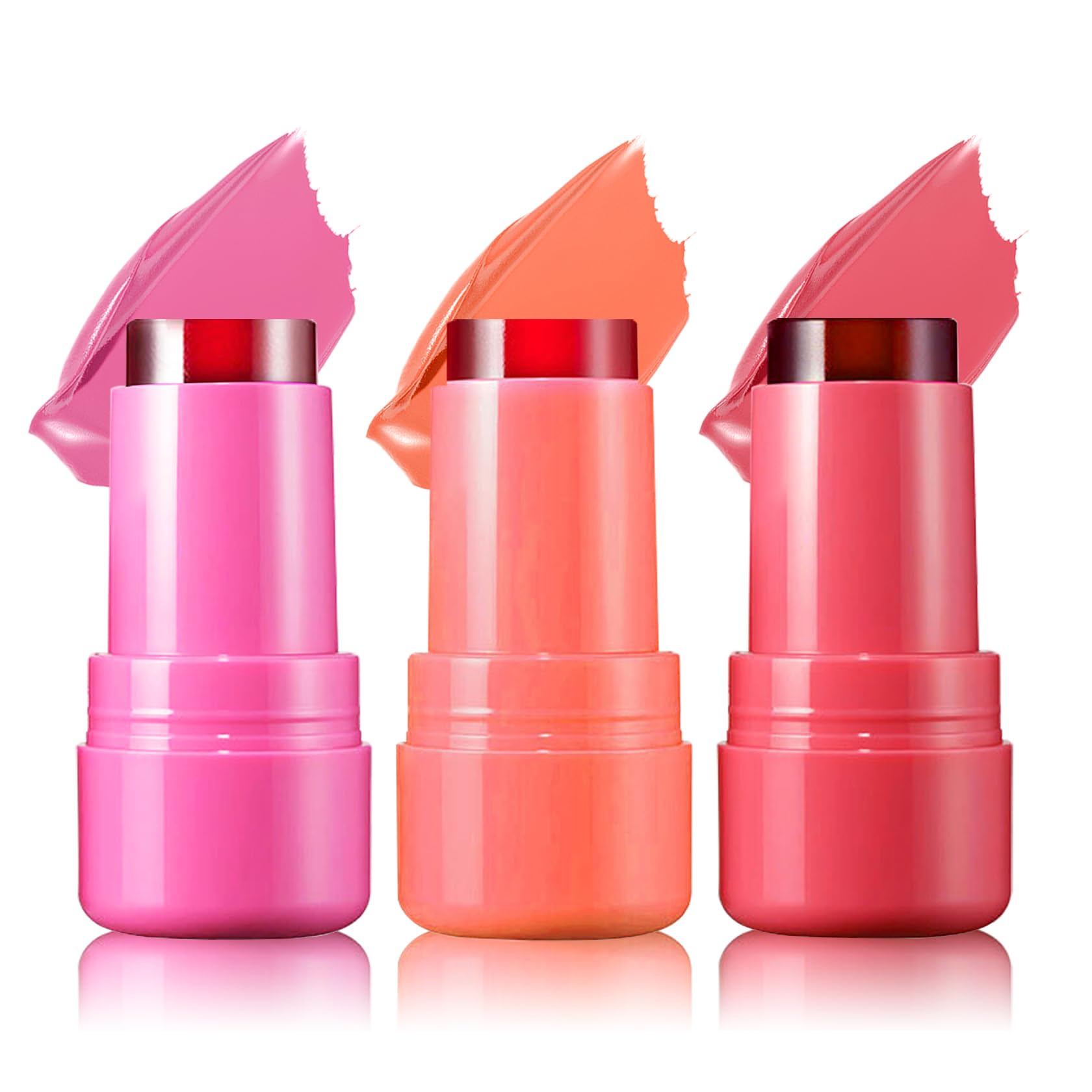 3PCS Milk Jelly Blush Stick Milk Jelly Tint Cooling Water Jelly Tint Blush Stick Multi-Use Lip Stain Tint and Cheek Stick - Pink + Red + Coral