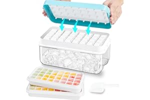 Ice Cube Tray with Lid and Bin, 64 pcs Ice Tray Kit with Ice Scoop, Ice Cube Pop Out Tray, Ice Cube Trays for Freezer, Ice Cu
