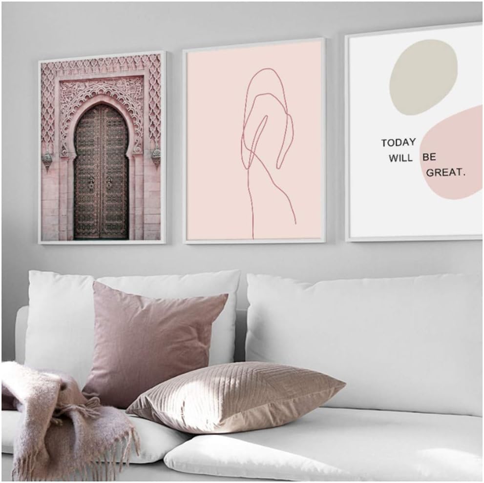 RuiChuangKeJi Pink Morocco Door Flower Abstract Geometry Wall Art Canvas Painting Nordic Poster Prints Wall Pictures Living Room Decor19.7 x27.6 No Frame X3