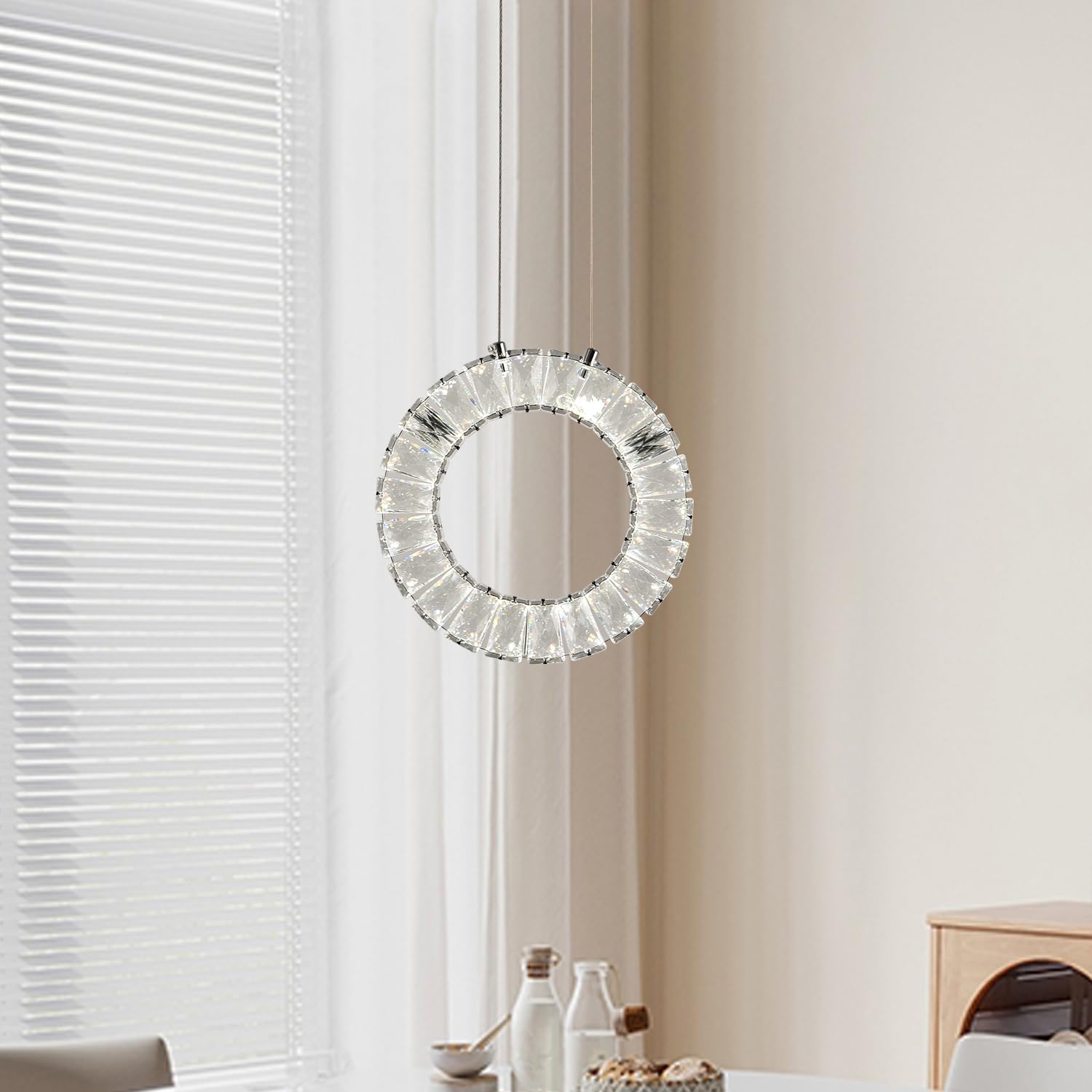 Photo 1 of Lamparko Ring Pendant Lights in Chrome, Modern Crystal Pendant Light Fixture Kitchen Island, Small Dimmable LED Pendant Hanging Lighting with Remote for Dining Room Bedroom Bathroom