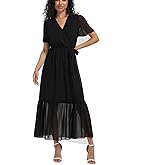 Women's Summer Bohemian Floral Chiffon Dress Cap Sleeve V Neck Ruffle Long Flowy Boho Casual Vacation Dresses