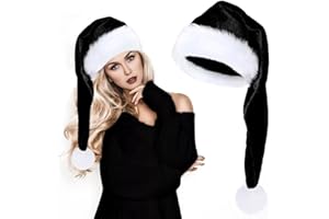 kockuu Long Black and White Santa Hat with Plush Brim and Liner for Adults Men Women Christmas Hat Party Supplies & Gift