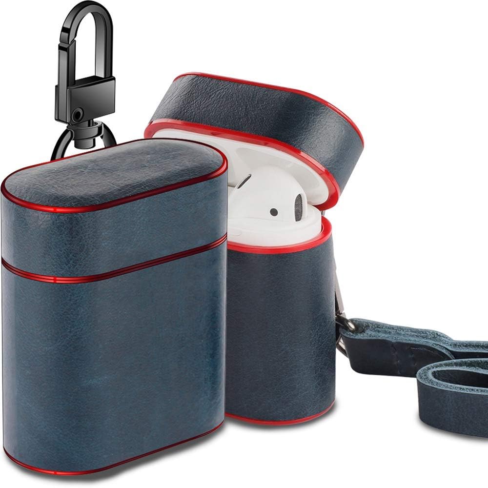 Market affairs Genuine Leather Plastic Skin Portable Protective Cover with Metal Clasp and Leather Lanyard Compatible with Apple AirPods Charging Case (Blue)