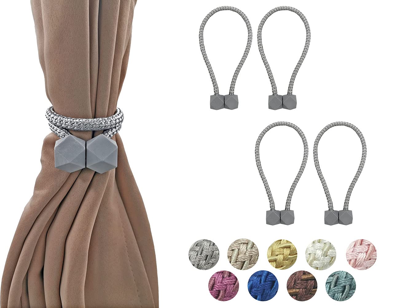 HYX 4 Piece Magnetic Curtain Tiebacks Holdbacks, Modern Curtain Tieback Clips, Curtain Rope Holder Tie Backs, Decorative Hold Backs for Home Office Decoration (Grey)