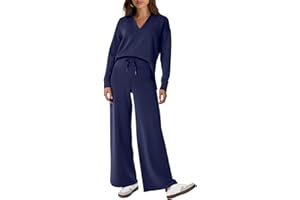 Glamaker Women's 2 Piece Sets Outfits Casual Long Sleeve Sweatsuits Polo Top and Wide Leg Pants Matching Sets