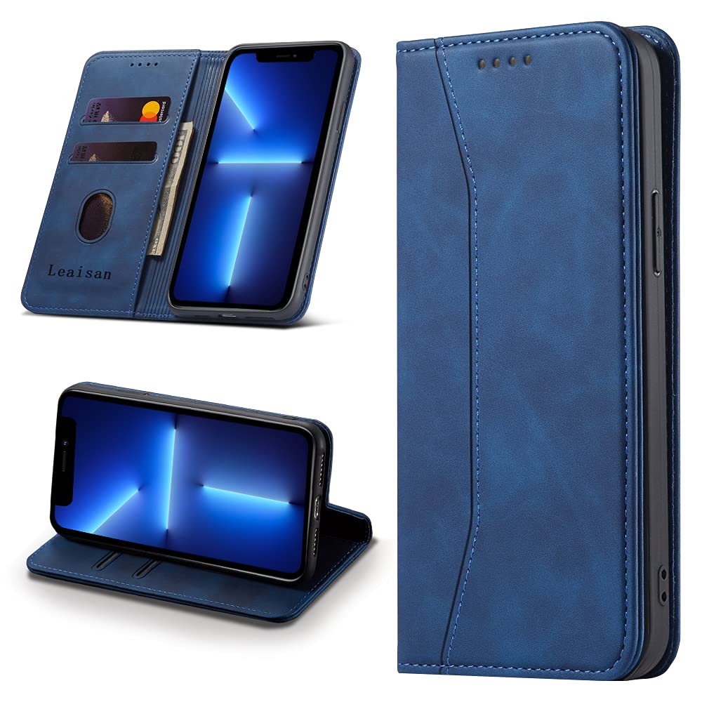 Leaisan Mobile Phone Case for iPhone 13 Pro Max Case Premium Leather Flip Foldable Shockproof Magnetic [Stand Function] [Card Slots] Protective Case for iPhone 13 Pro Max 5G Case - Blue