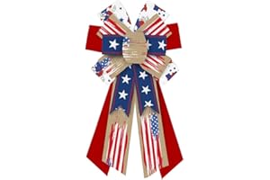 HEUREPPY Large Patriotic Wreath Bows 4th of July Decor Bows for Wreath American Flag Blue Stars Burlap Patriotic Bows for Front Door Independence Day Indoor Outdoor Wall Tree Topper Party Decoration Supplies