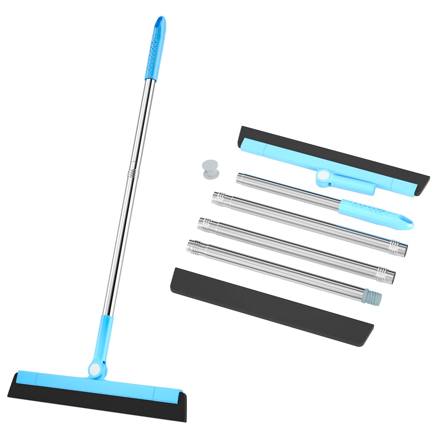 Tendak Floor Squeegee, Water Squeegee Window Cleaner Mop Wiper 4 Parts Handle Total Length 59” with Two Replacement Squeegees Perfect for Clean Water, Dirty, Hair, Dust