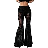 GORGLITTER Women's Lace Bell Bottom Pants Mesh Flare Leg High Waisted Sheer Sexy Gothic Leggings Trousers