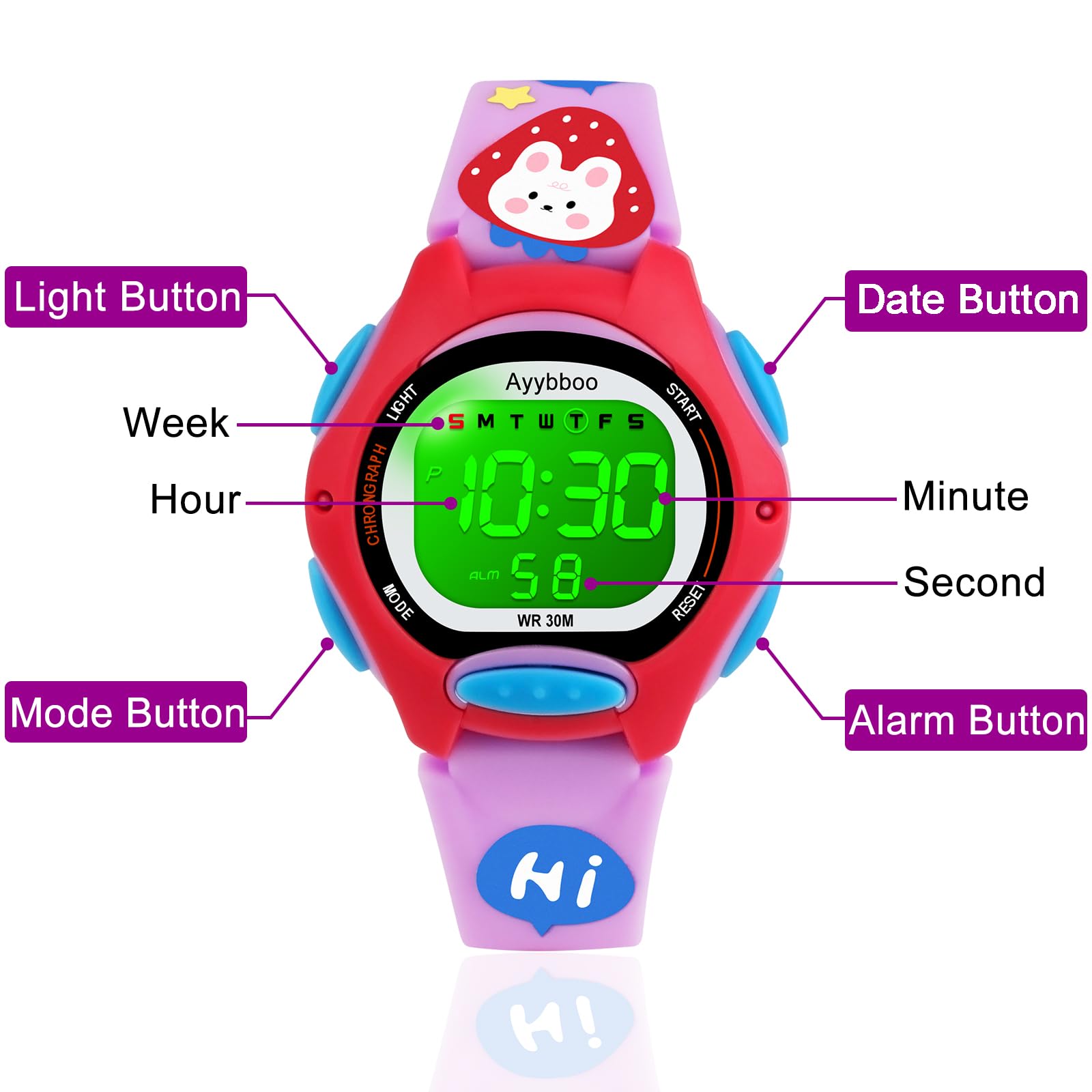Kids Watch Digital with Cartoon Band, Colorful LED Lights 30M Waterproof, Alarm Clock, Sport Watch with Stopwatch, Cute Child Presents for Girls Boys Ages 5-12