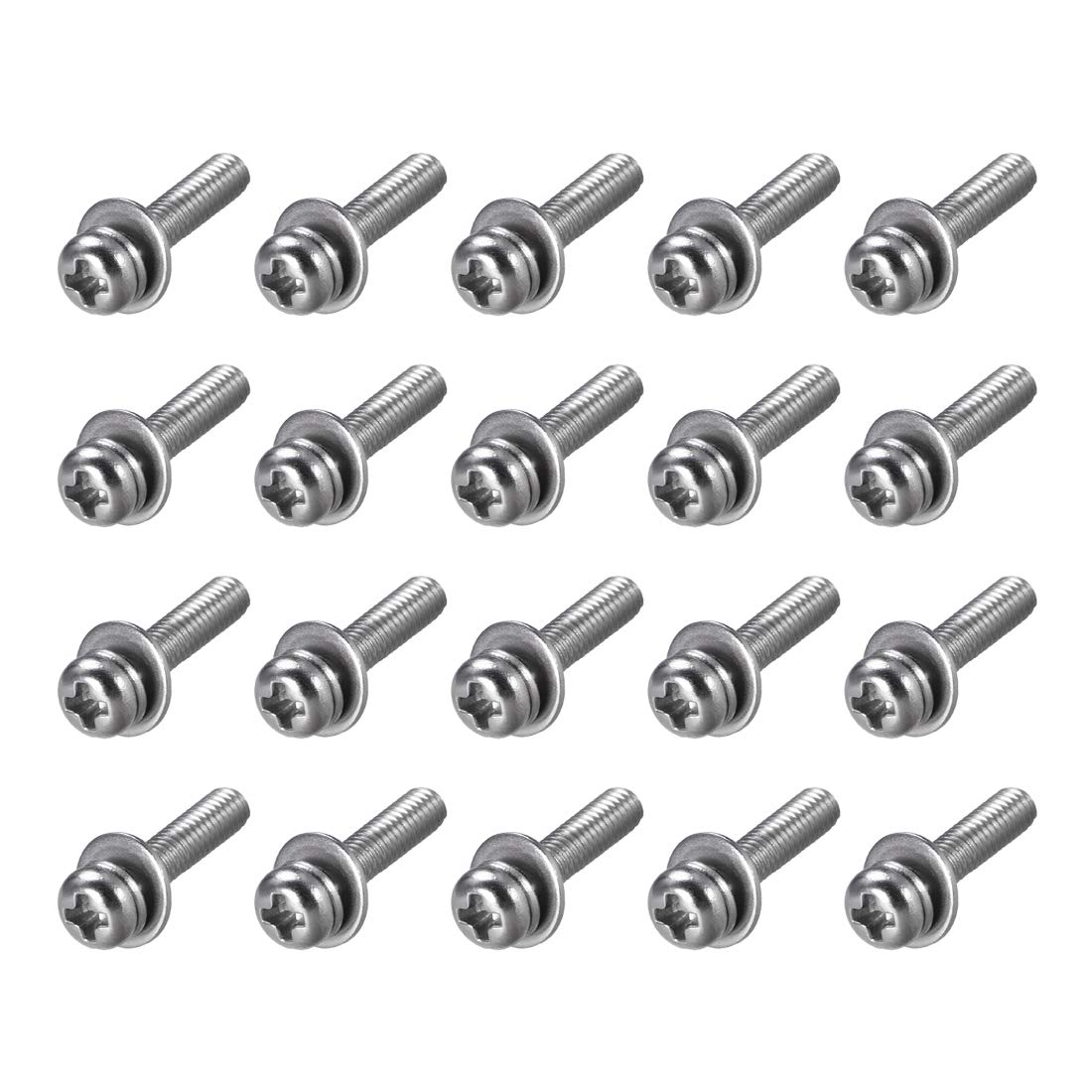 sourcing map M2.5 x 10mm Stainless Steel Phillips Pan Head Machine Screws Bolts Combine with Spring Washer and Plain Washers 20pcs