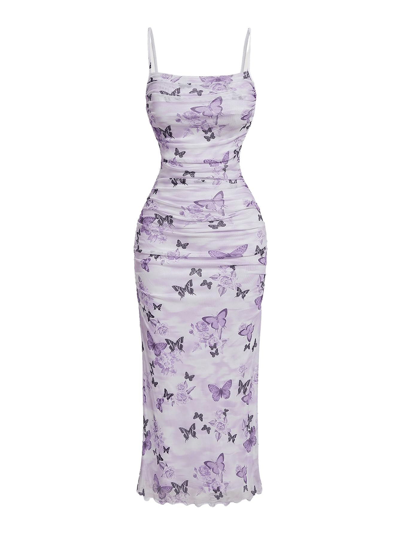 Photo 1 of GORGLITTER Women's Floral Bodycon Ruched Wedding Guest Dress Summer Boho Cocktail Birthday Prom Midi Sundresses 2025 Light Purple Medium