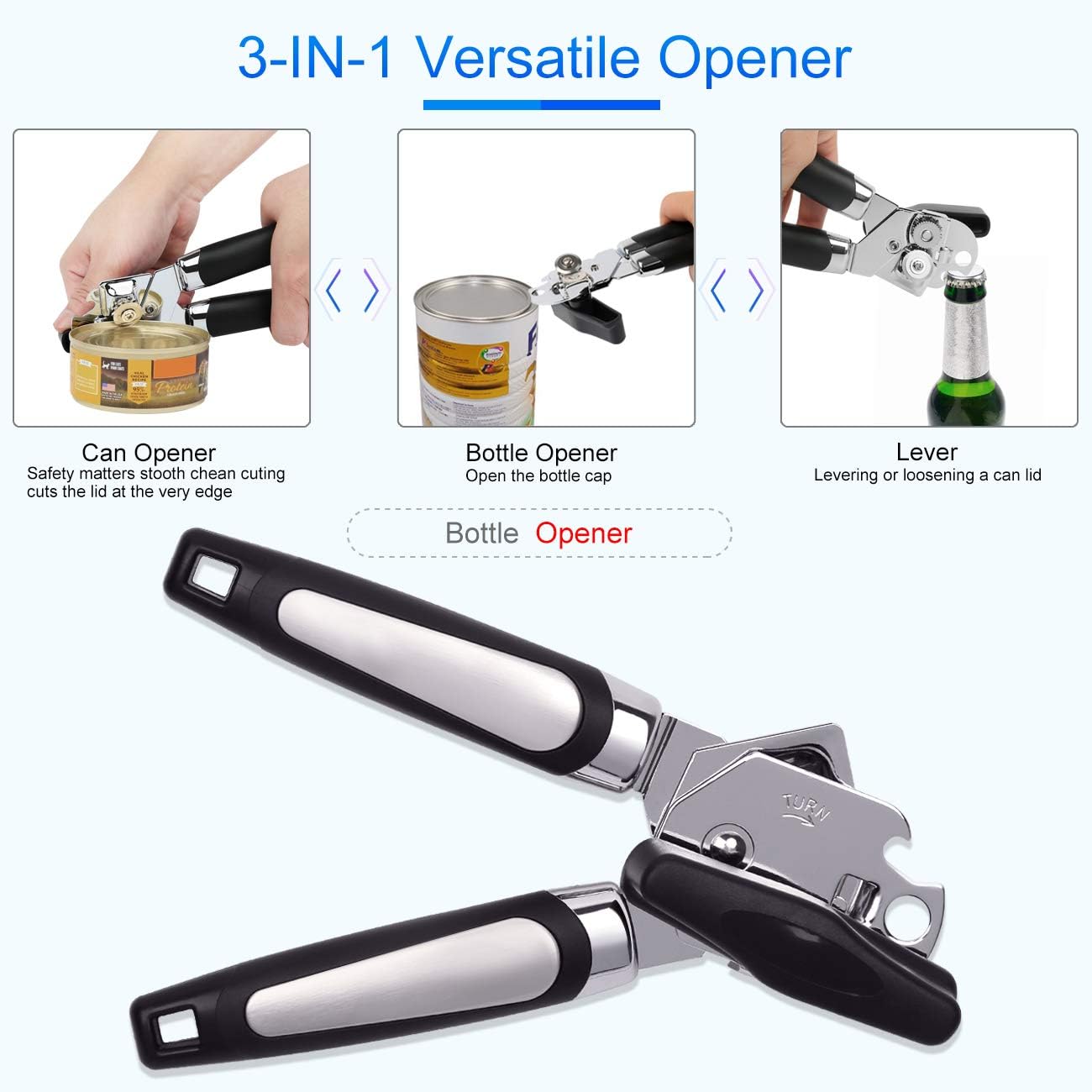 Food Container Openor Manual Can Opener, HAUSPROFI Food Grade Stainless Steel 3-in-1 Handy ...