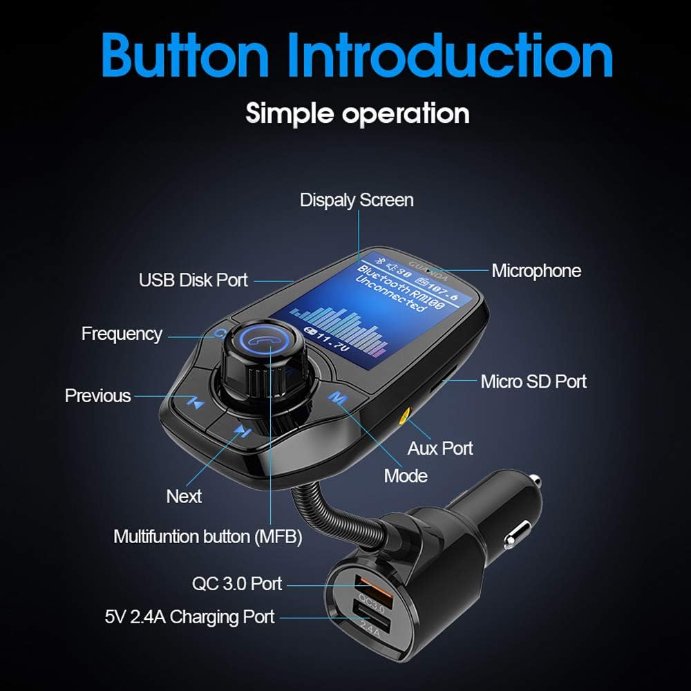 Guanda Bluetooth FM Transmitter for Car, Bluetooth Car Adapter, 4-in-1 Car MP3 Player with 1.8 Inch Color Display, AUX Input/Output, 3 Port USB, S Handsfree Call, SD/TF Card, USB Disk,QC3.0,5 EQ Modes: Electronics