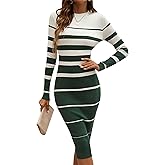 Sexyshine Women's Crewneck Striped Bodycon Sweater Dress Long Sleeve Colorblock Ribbed Knitted Slim Fit Long Pencil Dresses