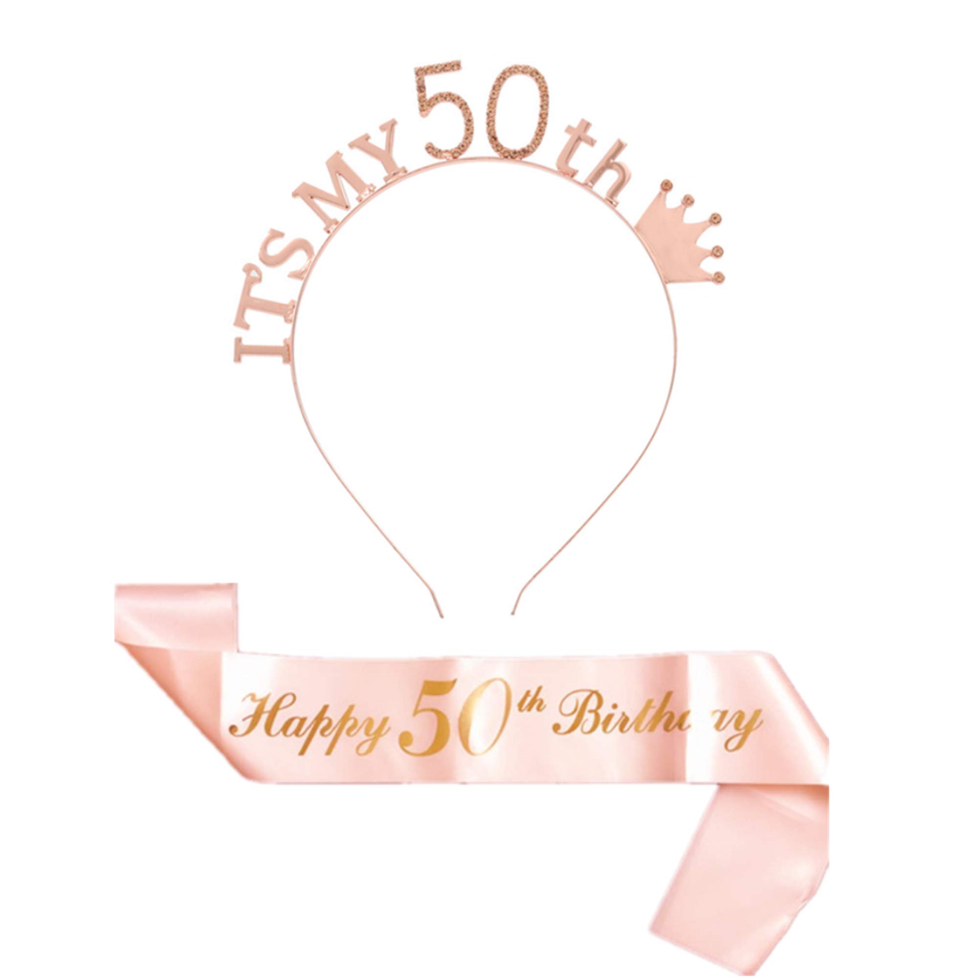 CHTENG Rose Gold Happy Birthday Sash and Tiara Rhinestone Crown Headband for Birthday Party Supplies (50)