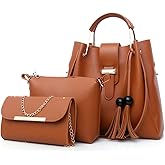 FiveloveTwo Women's Purse and Handbags 3 Pcs Bag Set PU Leather Tassel Totes Clutch Satchels Top Handle Shoulder Crossbody Bags Pack Brown